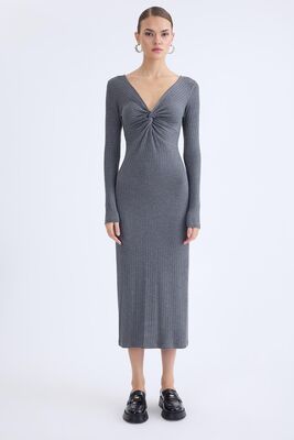 VİTRİN - V Yaka Önü Düğüm Detaylı Uzun Elbise