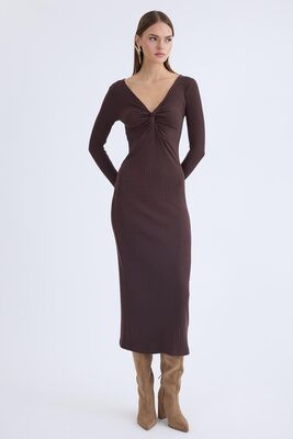 V Yaka Önü Düğüm Detaylı Uzun Elbise - Thumbnail (5)