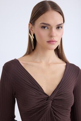 V Yaka Önü Düğüm Detaylı Uzun Elbise - Thumbnail (6)