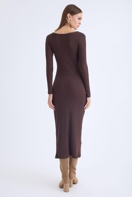 V Yaka Önü Düğüm Detaylı Uzun Elbise - Thumbnail (8)