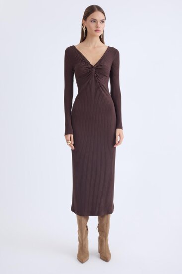 V Yaka Önü Düğüm Detaylı Uzun Elbise - 8