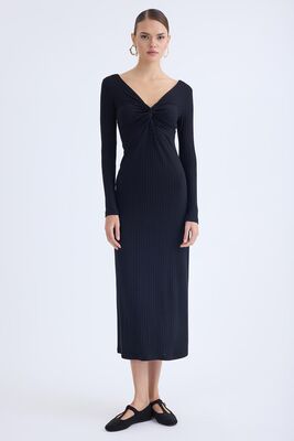 V Yaka Önü Düğüm Detaylı Uzun Elbise - Thumbnail (11)