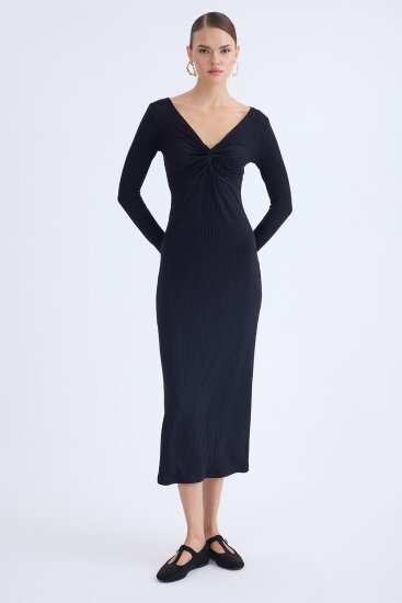 V Yaka Önü Düğüm Detaylı Uzun Elbise - 14