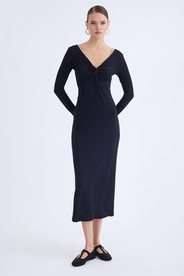 V Yaka Önü Düğüm Detaylı Uzun Elbise - Thumbnail (13)