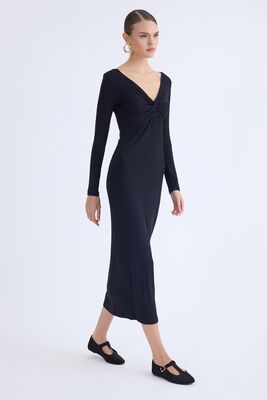 V Yaka Önü Düğüm Detaylı Uzun Elbise - Thumbnail (15)