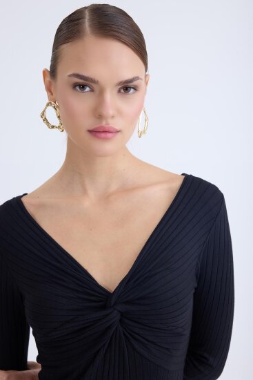 V Yaka Önü Düğüm Detaylı Uzun Elbise - 13