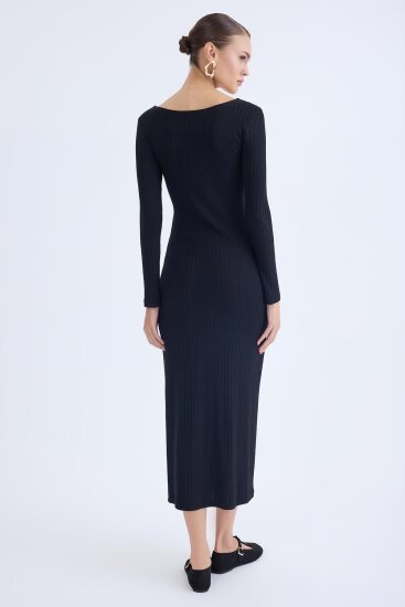 V Yaka Önü Düğüm Detaylı Uzun Elbise - 15