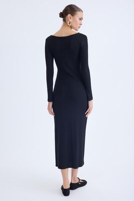 V Yaka Önü Düğüm Detaylı Uzun Elbise - Thumbnail (14)