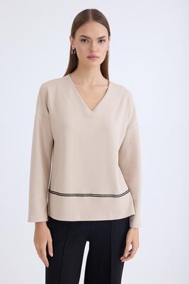 VİTRİN - V Yaka Şerit Detaylı Uzun Kol Bluz