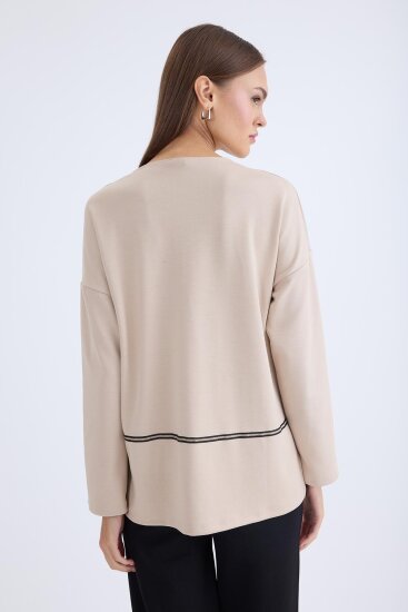 V Yaka Şerit Detaylı Uzun Kol Bluz - 3