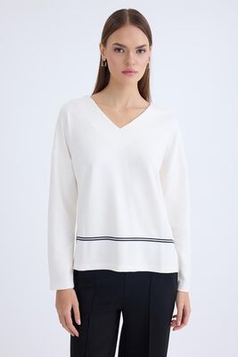 V Yaka Şerit Detaylı Uzun Kol Bluz - Thumbnail (3)