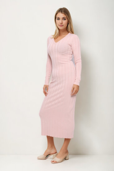 V Yaka Uzun Kol Fitilli Elbise - 3