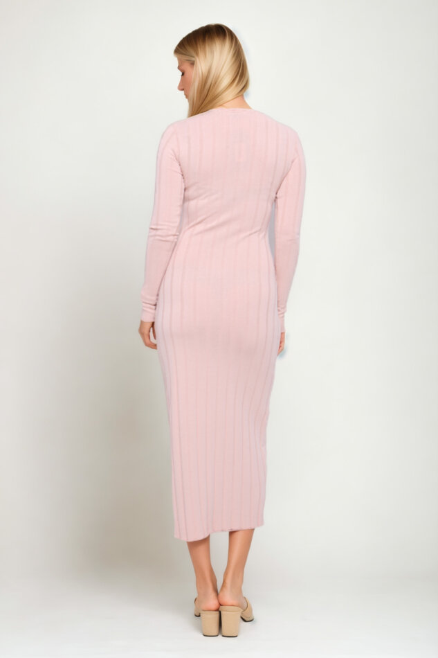 V Yaka Uzun Kol Fitilli Elbise - 4