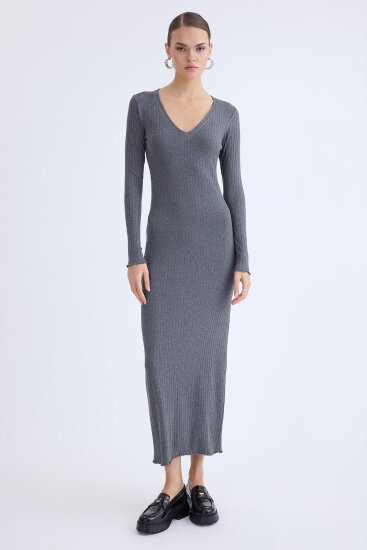 V Yaka Uzun Kol Fitilli Elbise - 1