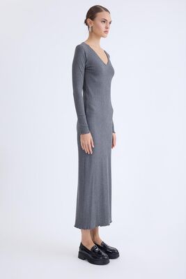 V Yaka Uzun Kol Fitilli Elbise - Thumbnail (4)