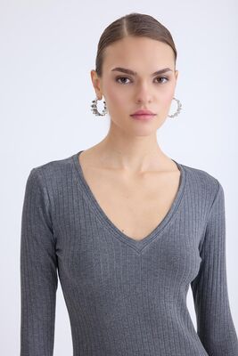 VİTRİN - V Yaka Uzun Kol Fitilli Elbise (1)