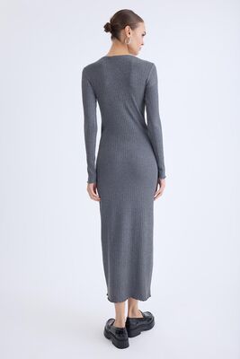 V Yaka Uzun Kol Fitilli Elbise - Thumbnail (3)