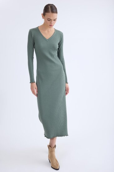 V Yaka Uzun Kol Fitilli Elbise - 8