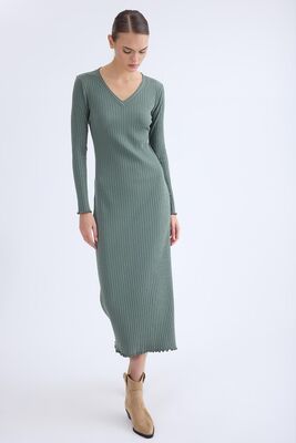 V Yaka Uzun Kol Fitilli Elbise - Thumbnail (7)