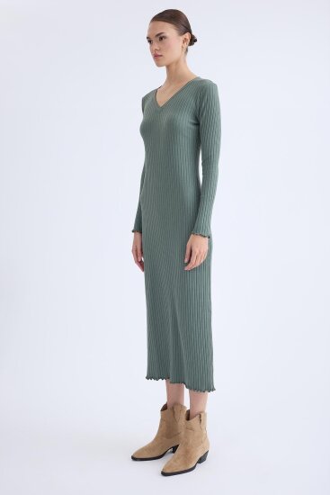 V Yaka Uzun Kol Fitilli Elbise - 10