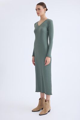 V Yaka Uzun Kol Fitilli Elbise - Thumbnail (9)