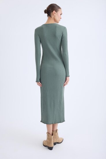 V Yaka Uzun Kol Fitilli Elbise - 9