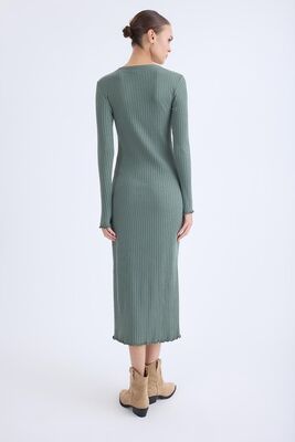 V Yaka Uzun Kol Fitilli Elbise - Thumbnail (8)