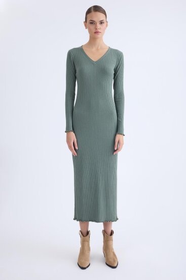 V Yaka Uzun Kol Fitilli Elbise - 6