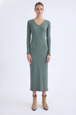 V Yaka Uzun Kol Fitilli Elbise - Thumbnail (5)