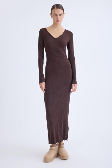 V Yaka Uzun Kol Fitilli Elbise - 15