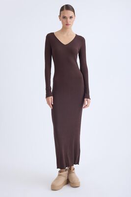 V Yaka Uzun Kol Fitilli Elbise - Thumbnail (14)