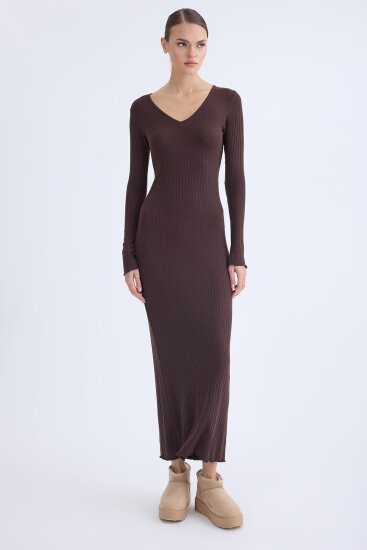 V Yaka Uzun Kol Fitilli Elbise - 11