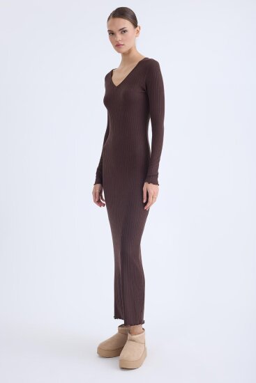 V Yaka Uzun Kol Fitilli Elbise - 13