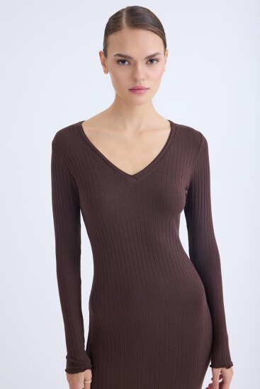 V Yaka Uzun Kol Fitilli Elbise - 12