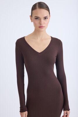 V Yaka Uzun Kol Fitilli Elbise - Thumbnail (11)