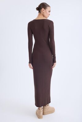 V Yaka Uzun Kol Fitilli Elbise - Thumbnail (13)