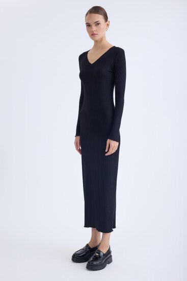 V Yaka Uzun Kol Fitilli Elbise - 19