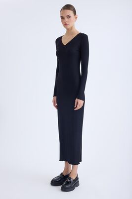 V Yaka Uzun Kol Fitilli Elbise - Thumbnail (18)