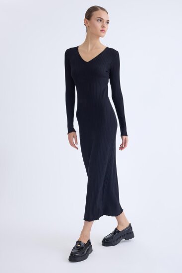 V Yaka Uzun Kol Fitilli Elbise - 21