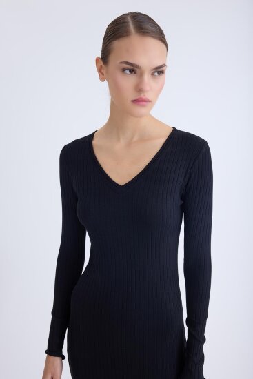 V Yaka Uzun Kol Fitilli Elbise - 18