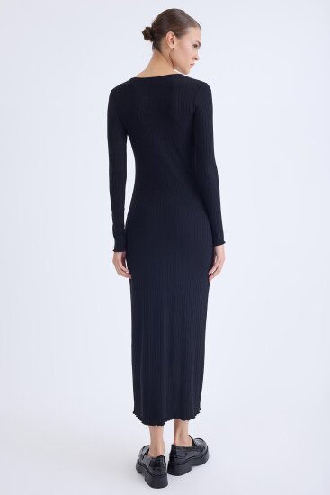 V Yaka Uzun Kol Fitilli Elbise - 20