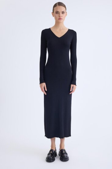 V Yaka Uzun Kol Fitilli Elbise - 17