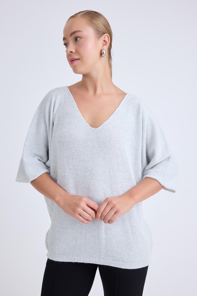 V Yaka Yarım Kol Simli Salaş Bluz - 1