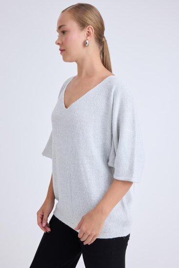 V Yaka Yarım Kol Simli Salaş Bluz - 3