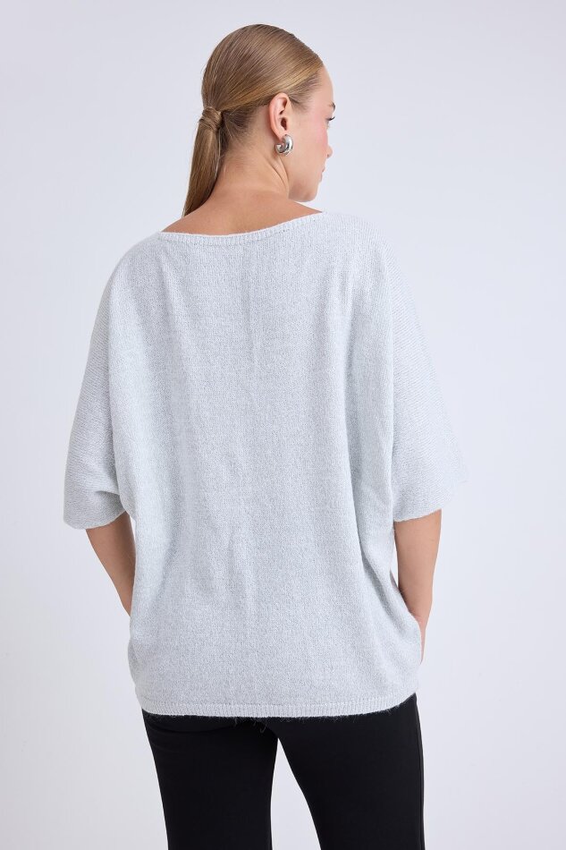 V Yaka Yarım Kol Simli Salaş Bluz - 4