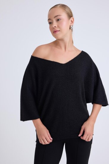 V Yaka Yarım Kol Simli Salaş Bluz - 5