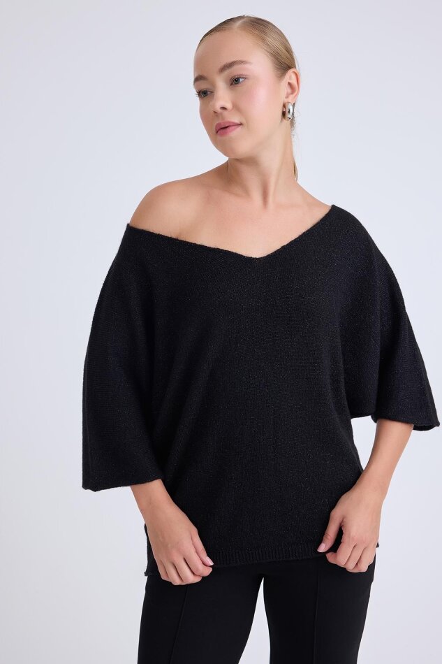 V Yaka Yarım Kol Simli Salaş Bluz - 5