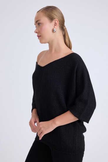 V Yaka Yarım Kol Simli Salaş Bluz - 6