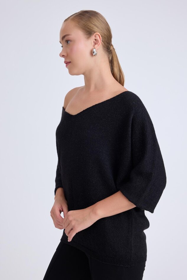 V Yaka Yarım Kol Simli Salaş Bluz - 6