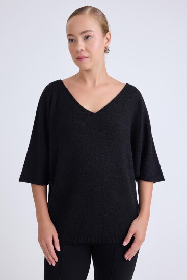 V Yaka Yarım Kol Simli Salaş Bluz - 7